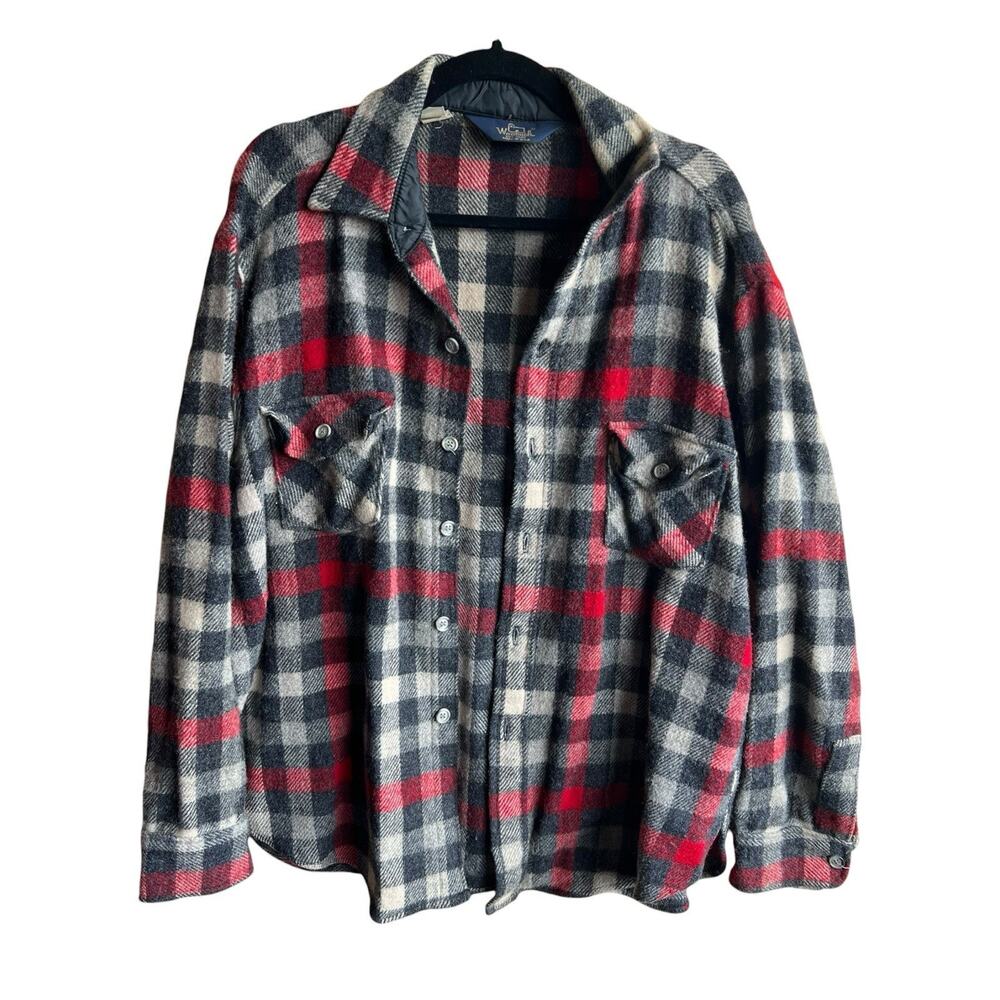 Men's XL Vtg 60s WOOLRICH Gray and Red Buffalo Plaid Wool Shirt Jacket Shacket
